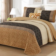 Boho Modern Geometric Patchwork Plaid Striped Quilt Set Microfiber Bedspread