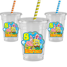 SpongeBob 16oz Personalized Party Cups Set of 12 w/ Lids & Paper Straws