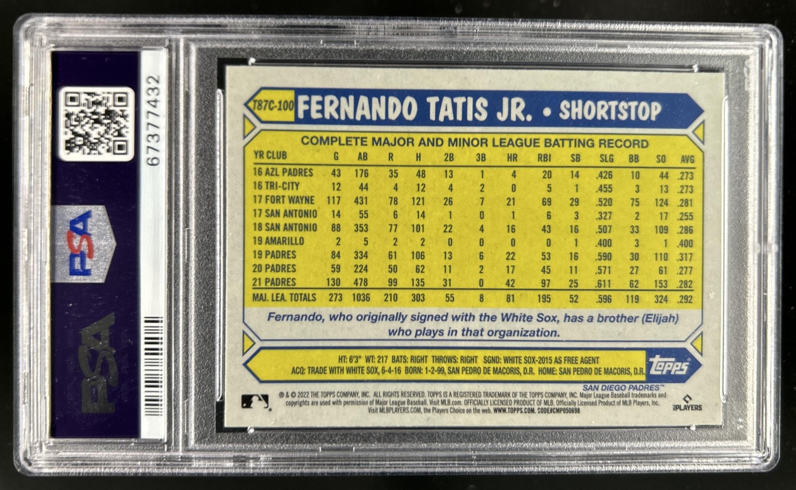 2022 Topps Fernando Tatis Jr. 1987 35th Anniversary Chrome #T87C-100 PSA 10 view 2