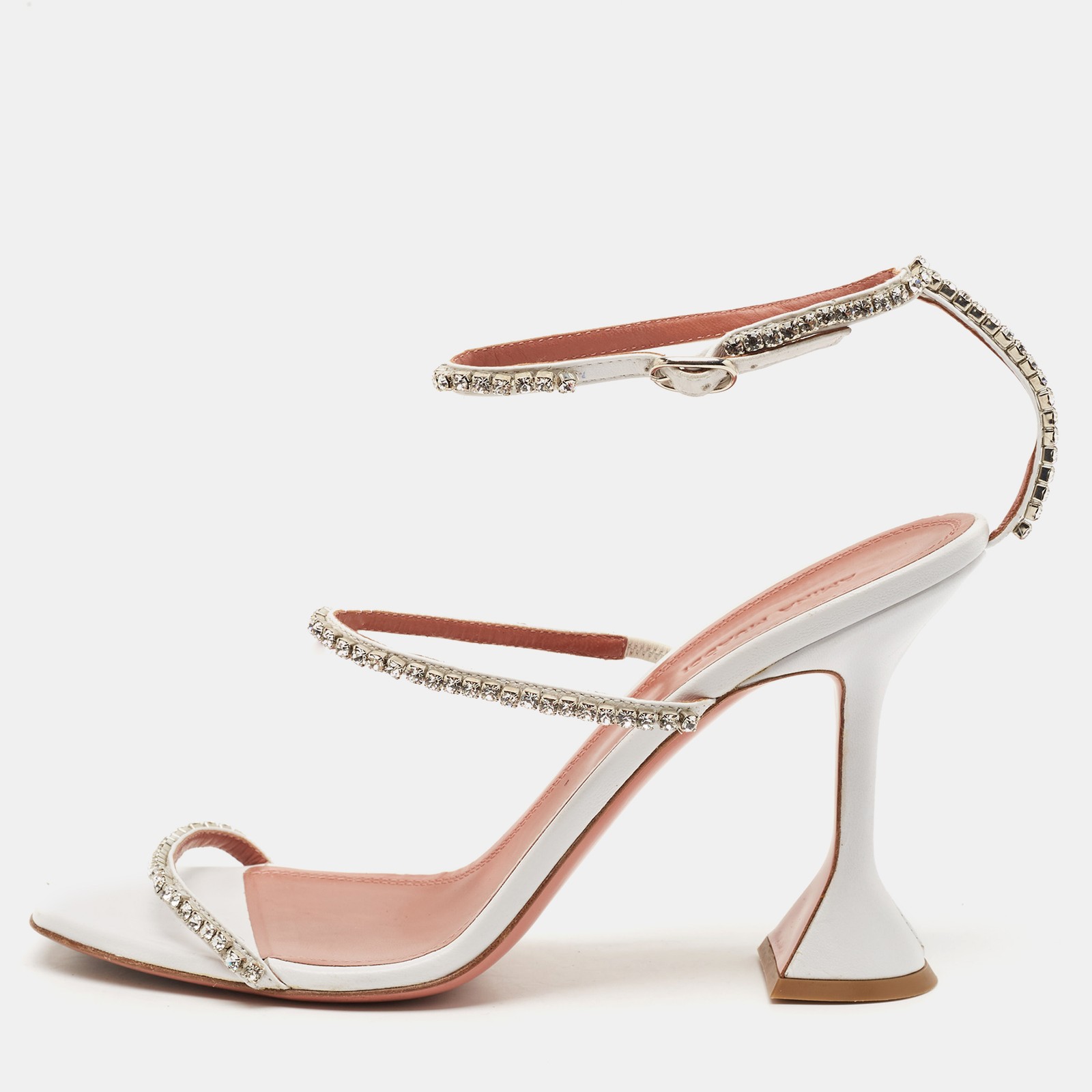 Amina Muaddi Glida Sandals White Satin Crystal Embellished Size 40.5