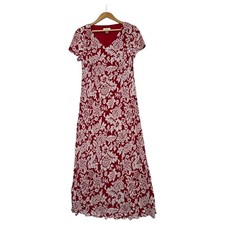 Vintage Talbots Dress Womens 8 Red White Floral Maxi Short Sleeve Y2K Retro 2000
