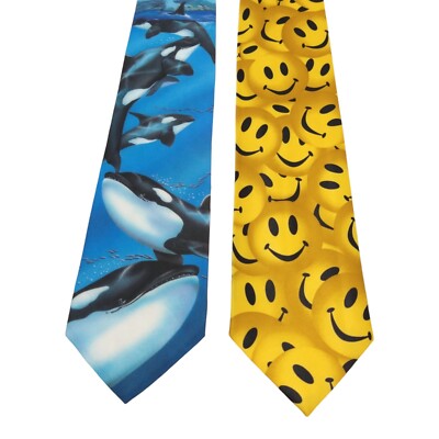NEW 2 Ralph Marlin Vintage Necktie LOT 90s Novelty Neckties Smiley Faces Whales
