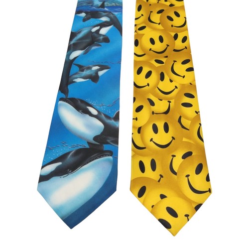 NEW 2 Ralph Marlin Vintage Necktie LOT 90s Novelty Neckties Smiley Faces Whales