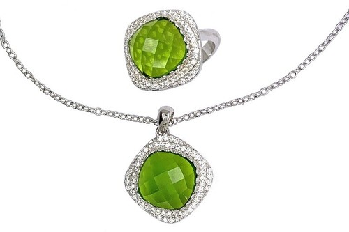 Fine Silver Plated/Rhodium Ring & Necklace w Matching Green CZ Cushion Centers - Picture 2 of 7