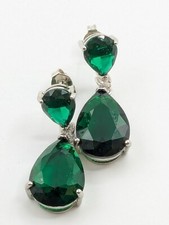 Emerald Color Teardrop Dangle Pierced Earrings Silver Tone