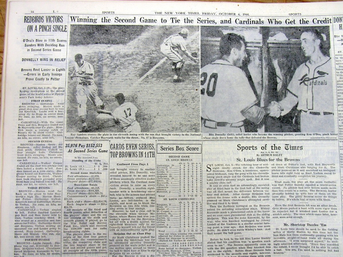 6 1944 NY Times newspapers ST LOUIS CARDINALS win baseball WORLD