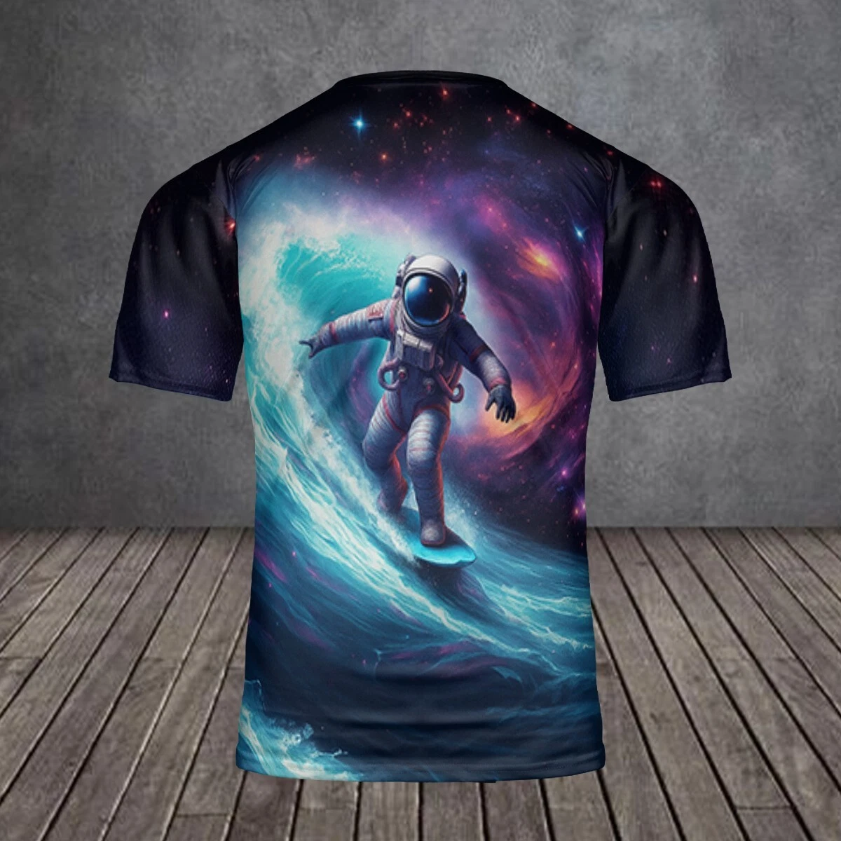 Astronaut Surfing Space Wave Graphic Tee, Galaxy Cosmic All-Over Print T-shirt