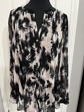 INC International Concepts Pleated Front Diamond Button Down Sheer Top 1X