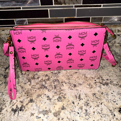 MCM Pink Visetos Monogram Zip Crossbody Bag Detachable Adjustable Strap Gold