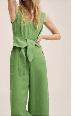 Damen Mango Overall Jumpsuit Ärmellos Grün 100% Linen Gr. 44-XXL