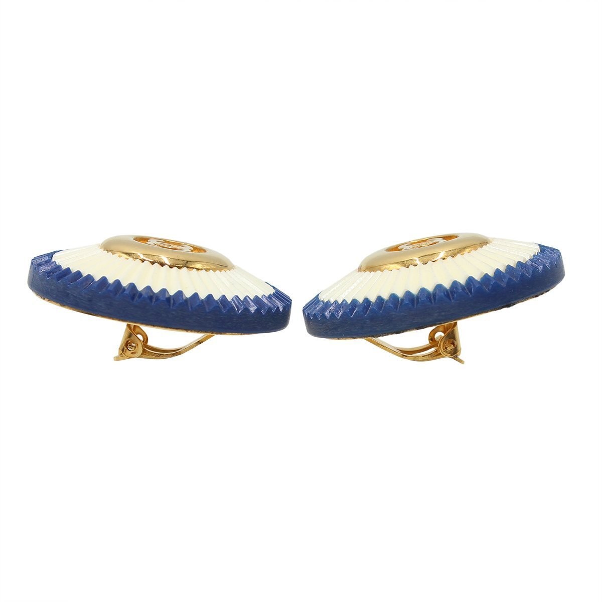Chanel Coco Mark Button Pleated Round Earrings Bl… - image 3