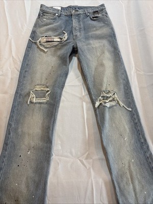 RHUDE Distressed Denim Jeans Indigo Logo Accent 5-Pocket Mens Straight Sz 29 NEW