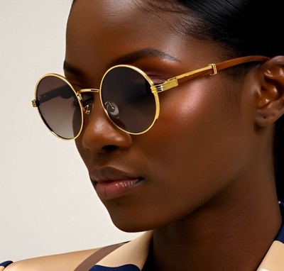 Retro Wood Buffs Vintage Retro Style 90s Women Metal Frame Round Sunglasses Lady
