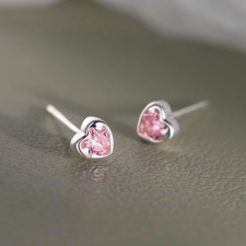Sparkling Pink Solitaire CZ Love Heart-shaped Tiny Mini Stud Earrings