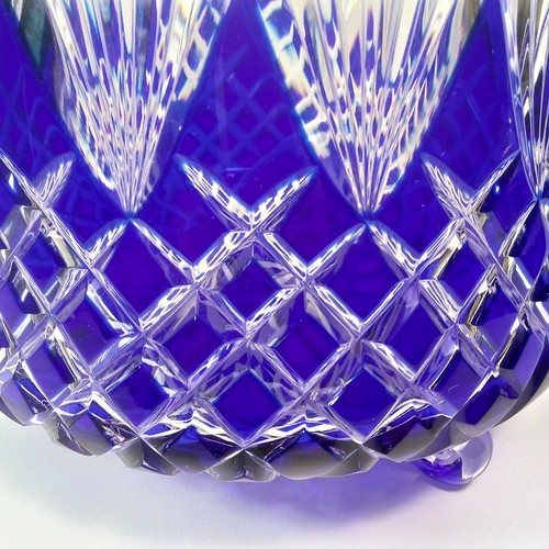 Bohemian Cobalt Blue Cut To Clear Crystal 9.5"x 6 3/4" Sawtooth 3 Footed Bowl - Picture 11 of 24