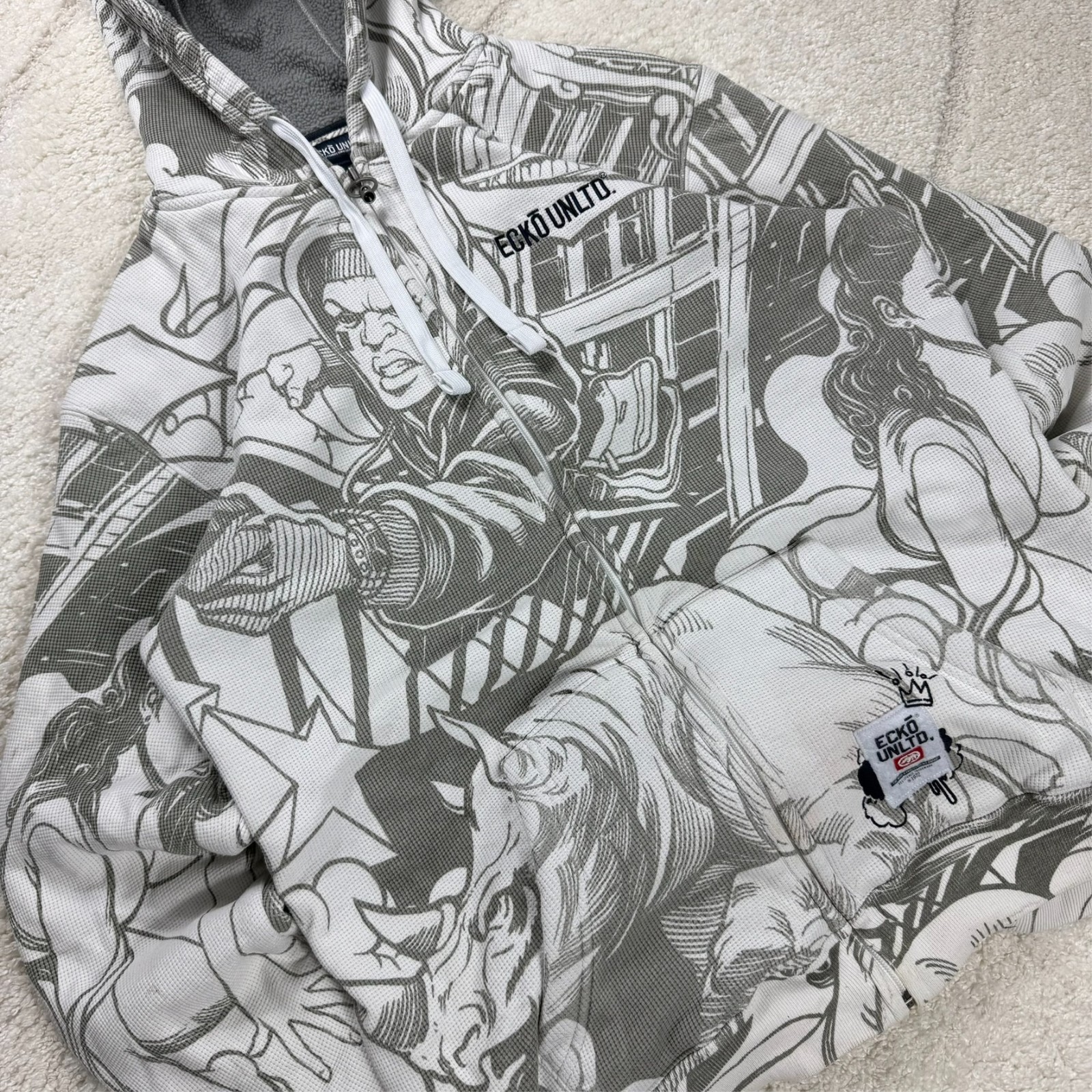 Vintage Ecko Untld 2000's Y2K White Full Zip Comic AOP Oversized Sz Large Hoodie image 4