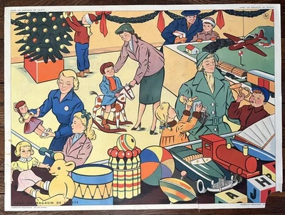 🚒 Ancienne affiche scolaire Rossignol, 1950 - Magasin jouets / Pompiers - Photo 1/4