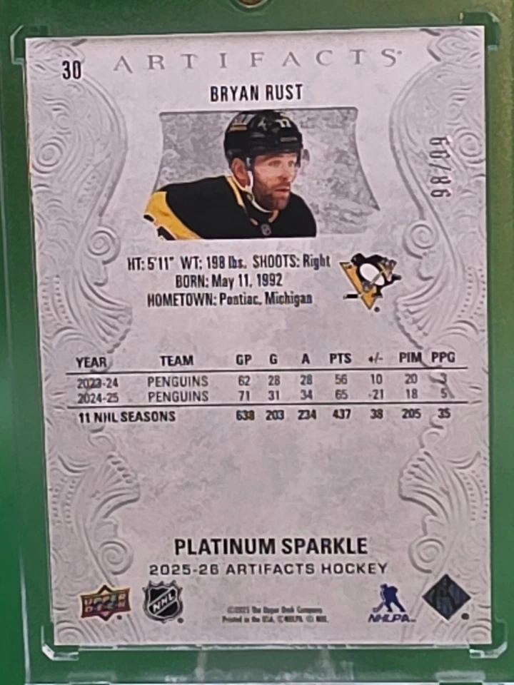 2025-26 UPPER DECK ARTIFACTS PLATINUM SPARKLE /99 BRYAN RUST PENGUINS - Image 2 of 2
