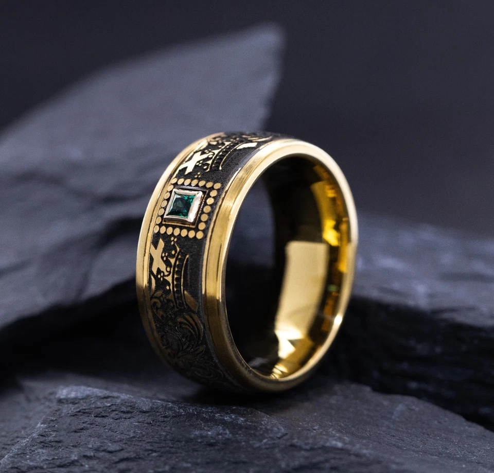 9mm Cobalt Ring with Yellow Gold Plating, Emerald and Cross and Floral Engraving - Image 2 of 4