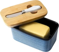 Porcelain Butter Dish with Bamboo Lid - Covered Butter Keeper with Butter Knife