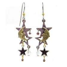 New Silver Forest Crescent Moon Stars and  Beads Dangle Earrings