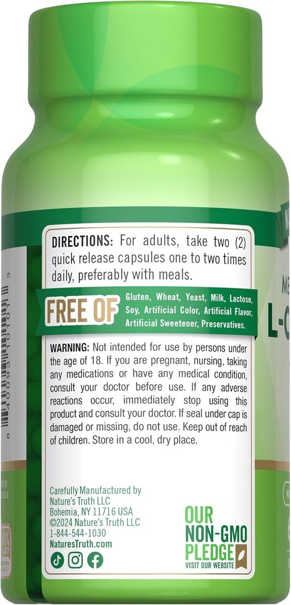 Nature's Truth L-carnitine 500 MG Plus Coq-10 Dietary Supplement 60 Count for sale online