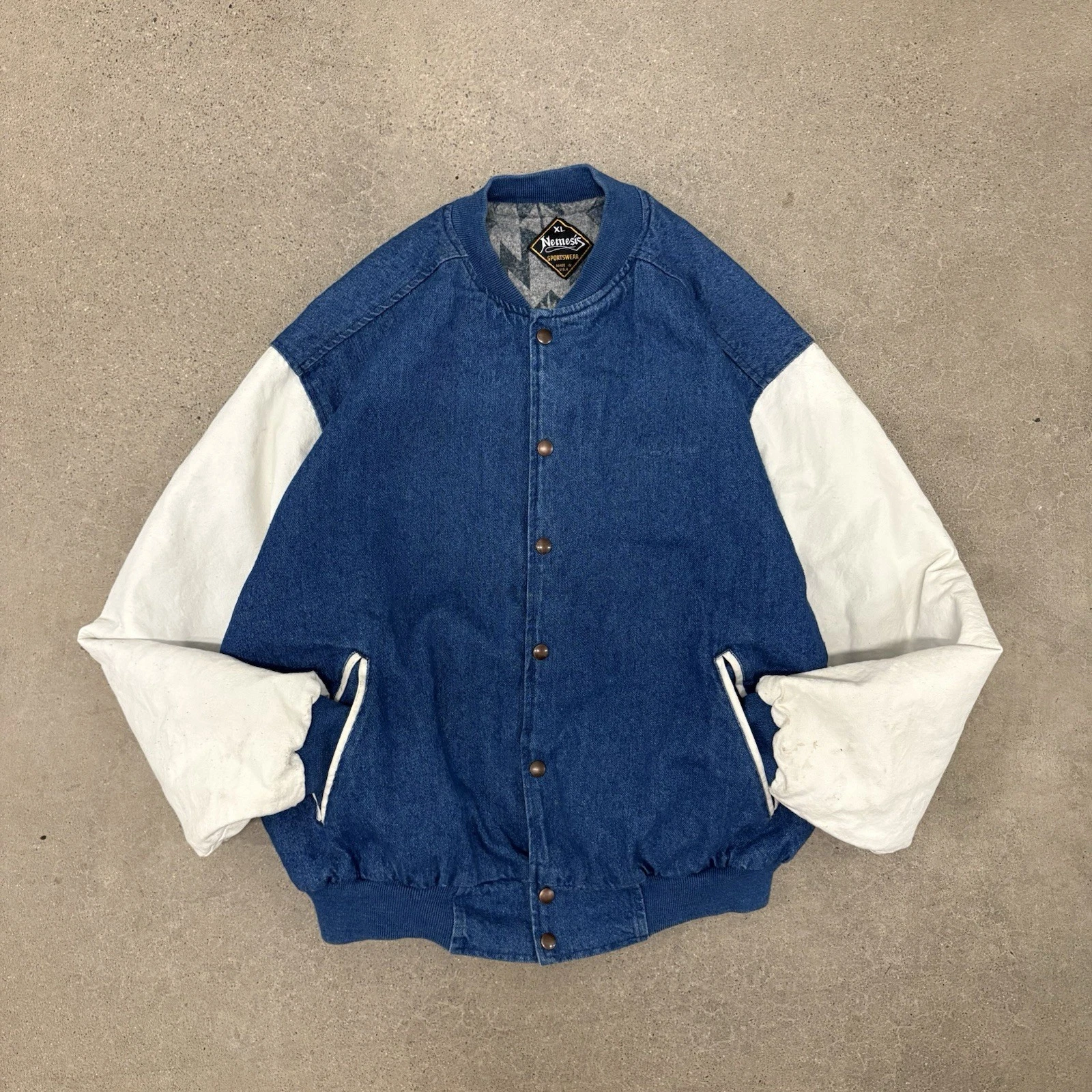 Vintage 1990s Nemesis Aztec Lined 2 Tone Blue Denim Varsity Jacket, Size XL