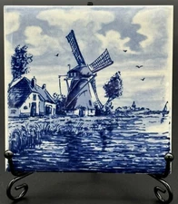 Vintage Delft Tile Hand Painted Windmill Blauw (Blue)