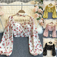 Women Chiffon Shirts Floral Crop Tops Blouse Ruffle Halter Puff Sleeve Tees