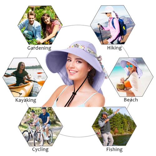Womens Sun Hats Neck Flap Brim UV Protection Foldable Fishing Hiking Beach Cap - Picture 3 of 5