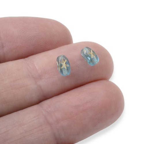50 Aqua Blue Rice Beads - Etched Gold Star Design - Czech Glass - 6x4mm - Picture 5 of 6