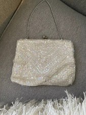 Vintage Chain Handle White purse Beautiful original handmade sequined JAPAN