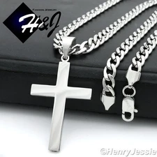 18-40"MEN Stainless Steel 7mm Silver Cuban Curb Necklace Plain Cross Pendant*P64