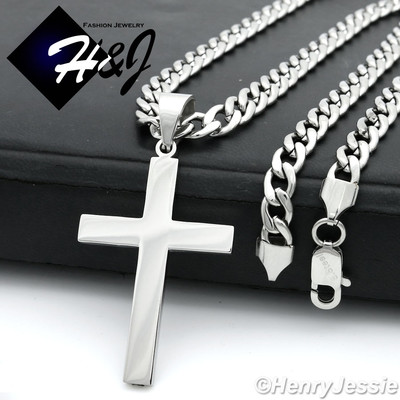 18-40''MEN Stainless Steel 7mm Silver Cuban Curb Necklace Plain Cross Pendant*P64