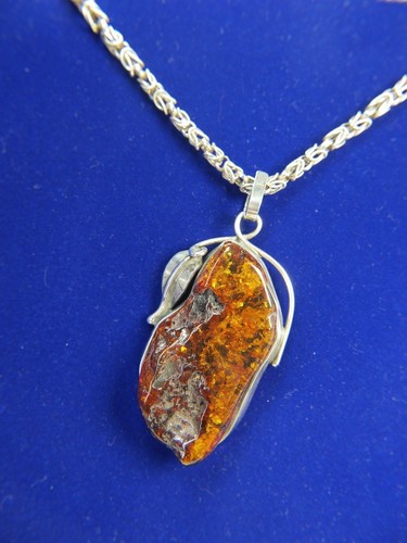 Vintage Authentic Amber 2 3/4" Handcrafted 0.925 Sterling Silver 18" Necklace - Picture 7 of 11