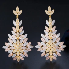 Heavy Work Multi-Tone Gold Plated CZ Bridal 925 Silver Leaf Drop Dangle Earrings