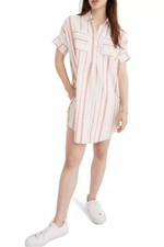Madewell Courier Stripe Neutral Multicolor Linen Cotton Popover Dress Size XS