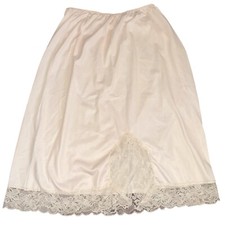 Vtg Light Pink Nylon Slip Skirt Half Slip w Elastic Floral Lace Detail Sz M/L 