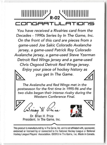 2013-14 ITG Decades 1990s Franchises Quad Jerseys Sakic Roy Yzerman Osgood *95 - 第 2/2 張圖片