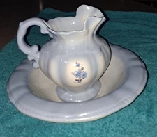 Vintage Arnels Elegant Blue Roses On Blue & Ivory Pitcher With Bowl