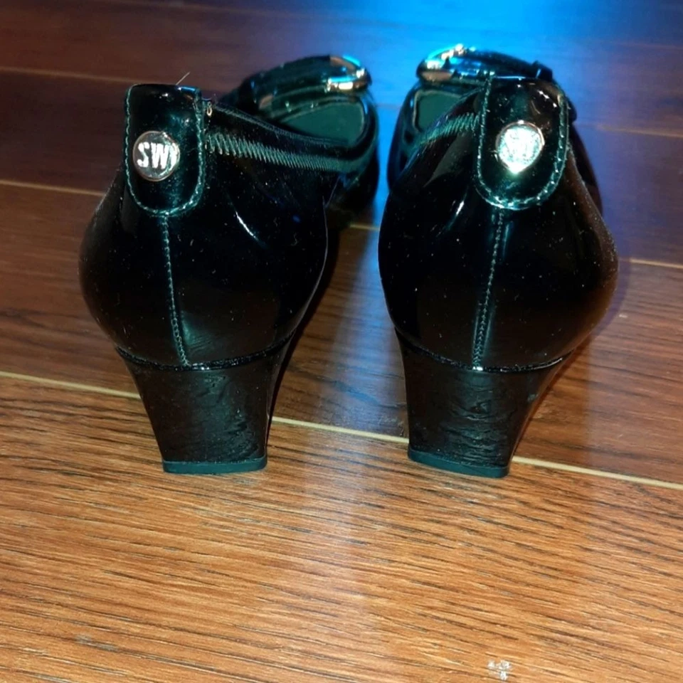 Zapatos Stuart Weitzman Mujer 9 Negro Charol Plisadolo Cuña Formal Fiesta Foto 4 de 4