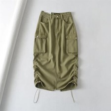 Lady Denim Jean Skirts Midi Cargo Pocket Drawstring High Waist Streetwear Casual