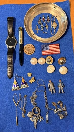 Grandpas Vintage Junk Drawer Lot Collectibles 14K, Sterling 925, Costume Jewelry