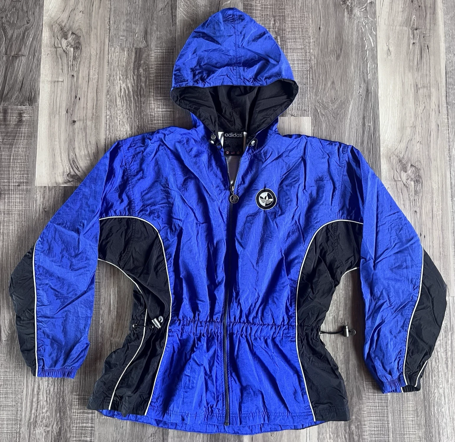 Vintage Adidas Adult XL Blue Black Full Zip Hooded Windbreaker Jacket