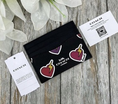 Coach Leather Red Hearts Lighting Bolts Wallet Slim ID Card Holder Black  ~NWT~ 