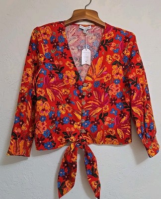 NWOT Anthropologie Maison d Amelie Blouse Top Red Floral Linen Blend Tie Front M