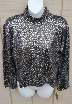 NWT NOS 1849 Ranchwear SM Black Silver Back Zip Mockneck Slinky Top 