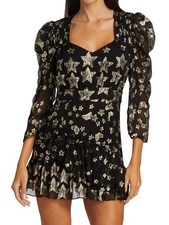 LoveShackFancy Caden Mini Dress Women's Size 8 Black Metallic Star Silk Dress
