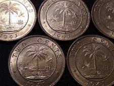 5x 1941 liberia 2 cent pieces rare unc bu red elephant ww2 world war coins