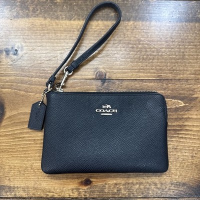 Coach Black Wristlet Small Corner Zip Wallet Crossgrain Leather Logo Gold EUC